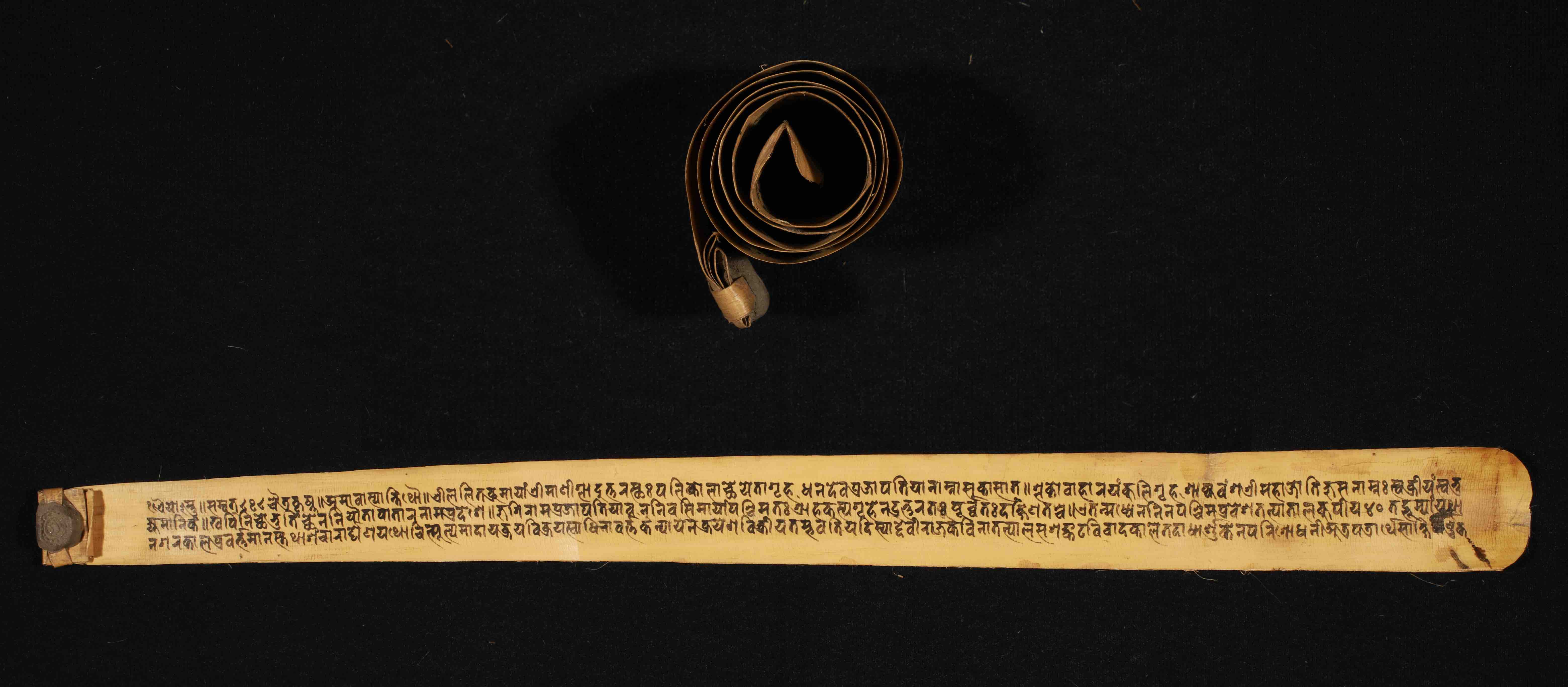 Rolled palm-leaf land-grant document from Lalitpur, Nepal, with a clay seal on the left, written in Newari script, rolled (upper) and unrolled (lower), dating to Nepāla Saṃvat 858 (1738 CE). Āśā Archives, Kathmandu, Nepal. (ASKPN 454)